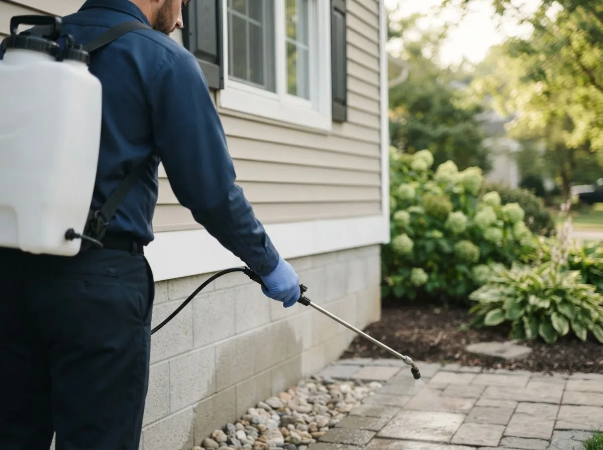 Pest control technician inspecting a home in Stratford, NY